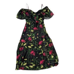 Jason Wu Grey Silk Chiffon Off Shoulder Dress Floral Black Multi Midi 2 GUC